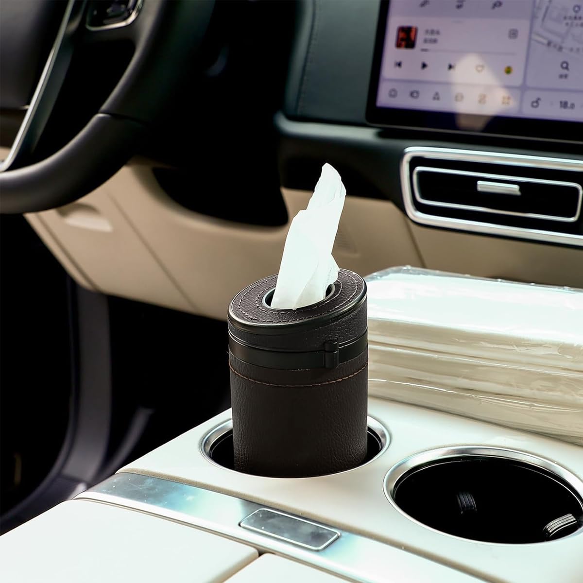HASTHIP Car Tissue Paper Holder for Cup Holder with Hidden Glass Breaker 2.6×6.8 in PU Leather | Ideal for Car Van Office Use