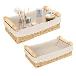 HASTHIP Desk Organizer for Bathroom and Dresser with Wooden Handle | 2 Sizes 30x20x10cm & 25x15x8cm Rustic Rattan Fabric Lined Storage Box