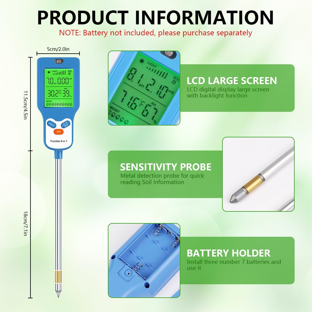 HASTHIP® 6-in-1 Digital Soil Tester with pH Meter, Moisture Sensor, Sunlight, Temperature, Humidity & Fertility Reader, Rotating Backlight LCD Display, Soil Test Kit for Gardening, Farming, Plant Care