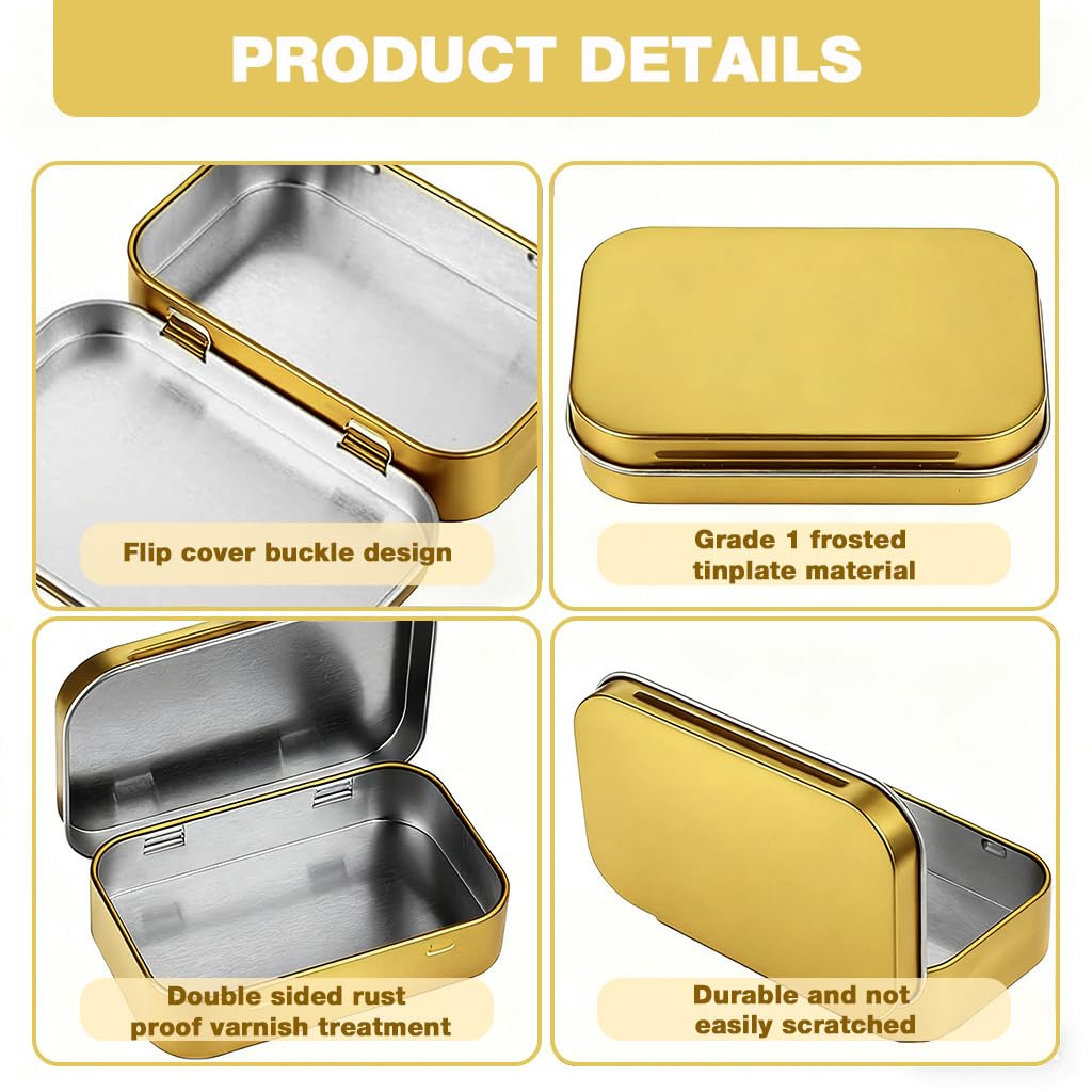 HASTHIP Small Tin Boxes for Crafts and Spices with Secure Lids 4Pcs 9.5x6x2.2cm | Gold Aluminium Storage Containers