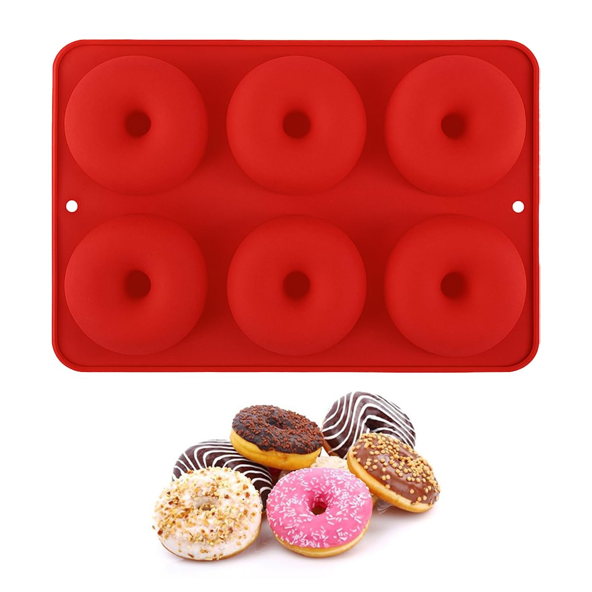 HASTHIP® Silicone Donut Mold Non-Stick 3-Pack Baking Tray Set, 6-Cavity Round Donut Pan for Oven, BPA Free Silicone Doughnut Mold for Cupcakes, Muffins, Bagels, Easy Release Bakeware - Red