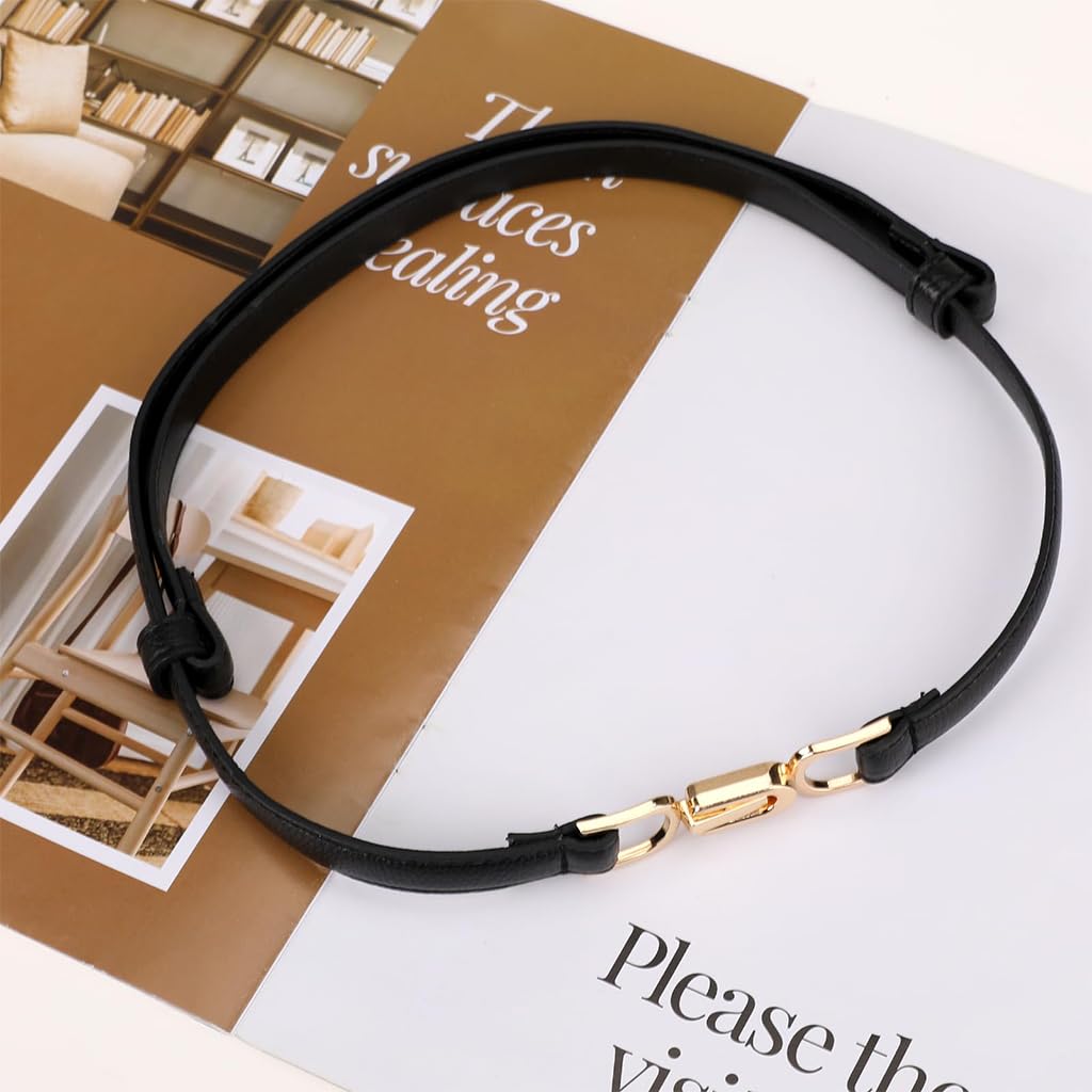 HASTHIP® Cinturones Finos para Mujer 2 Piezas, Cinturón de Cuero PU con Hebilla Dorada Ajustable, Cinturón Elegante para Vestidos, Camisas, Blazers y Conjuntos de Moda