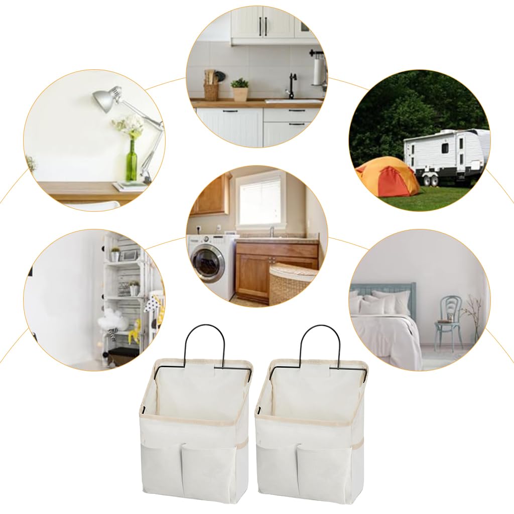 HASTHIP Wall Hanging Storage Bag for Bathroom and Bedroom with Metal Frame | 2 Pack White Cotton Organizer