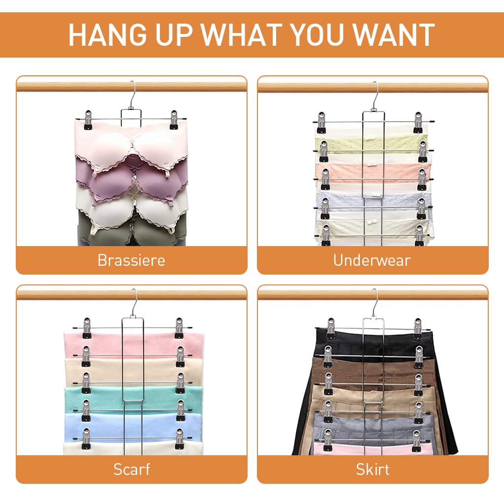 HASTHIP® 2 Pack Hangers, Pants Hangers- 6 Tiers Skirt Hangers with 360° Swivel Hook, Hangers Space Saving Hanging Closet Organizer with Clips, Closet Organizers and Storage -Clothes Hangers