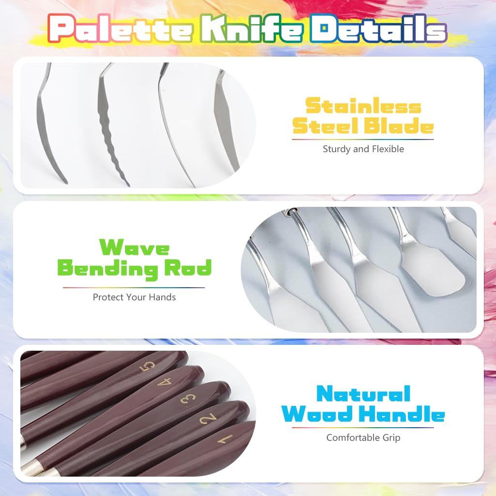 HASTHIP Acrylic Paint Scrapers Set for Texture Art with 9 Steel Tools & 6 Panels | Ergonomic Wooden Handles for Artists