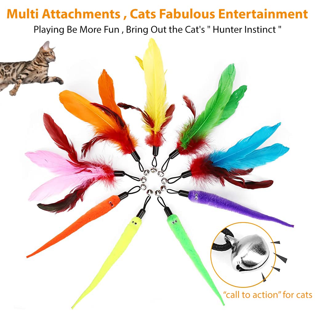 HASTHIP® Cat Teaser Toy, Feather Toy for cat 11 Pcs Cat Toy Set with 2 Retractable Teaser Wand & 5 Feather Teaser Toy & 4 Worm Teaser, Interactive Cat Toys for Kitten to Play Chase Activity Exercise