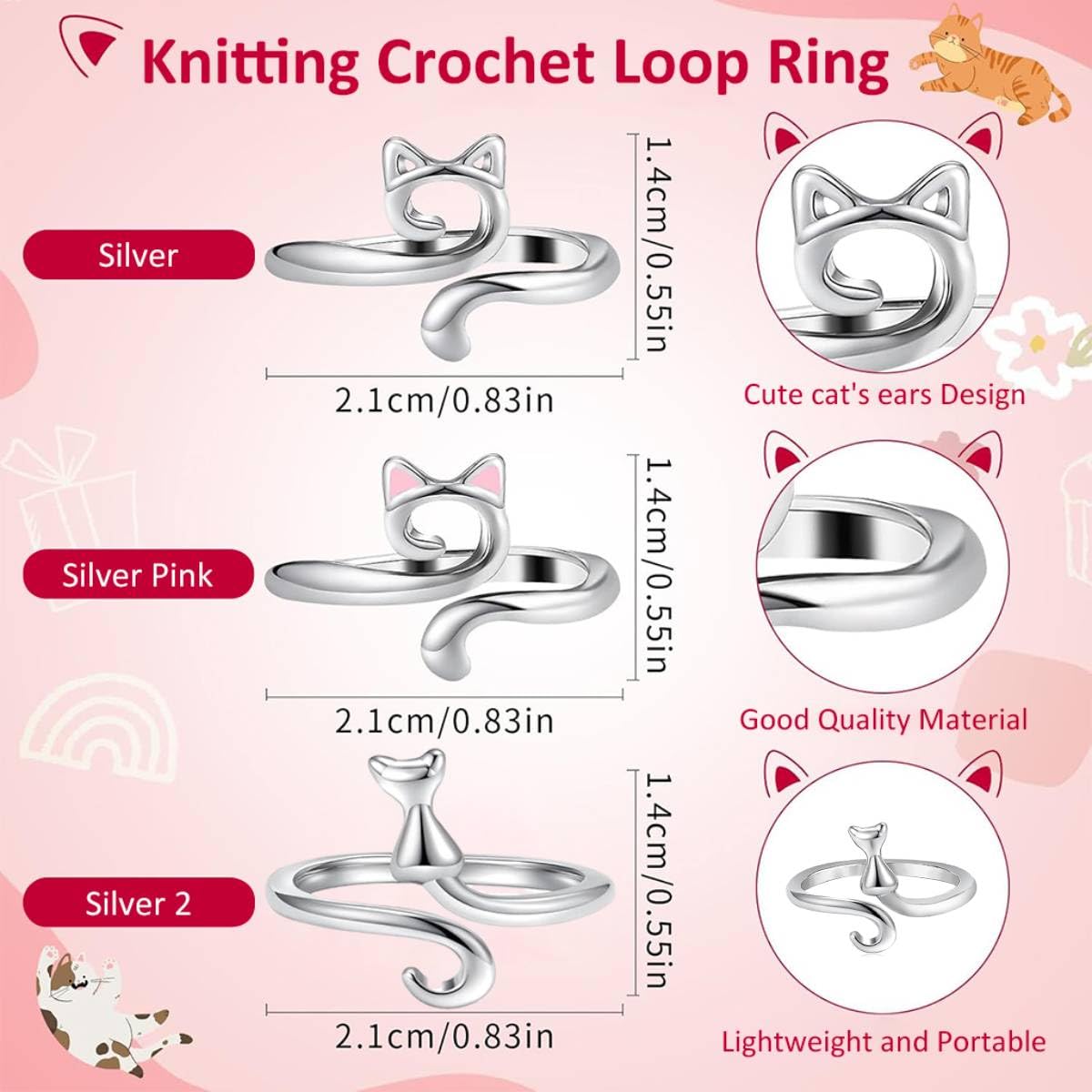 HASTHIP Crochet Rings for Tension 6PCS featuring Adjustable Metal Open Design | Cat Ear Knitting Accessories