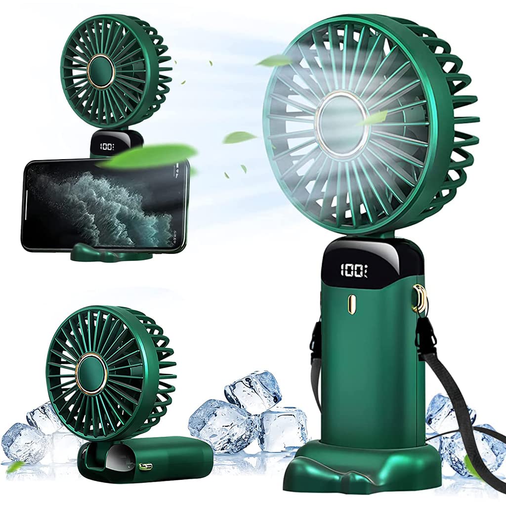 Mini Fan, Portable Fan with USB Charging, Hand & Desk Fan, 5 Speeds Fan with Lanyard, Fragrance Sheet and Base, Built-in 3000mAh Battery, Foldable 90°, LED Battery Level Display (Green)