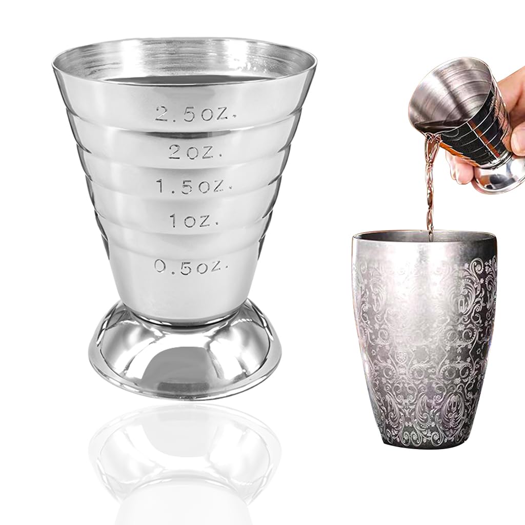 HASTHIP® Stainless Steel Bar Jigger Measuring Cup with Stable Base, 75ml/2.5oz/5tsp Etched Scales Design, Durable Liquor & Espresso Shot Measuring Tool for Bartenders and Kitchen Use