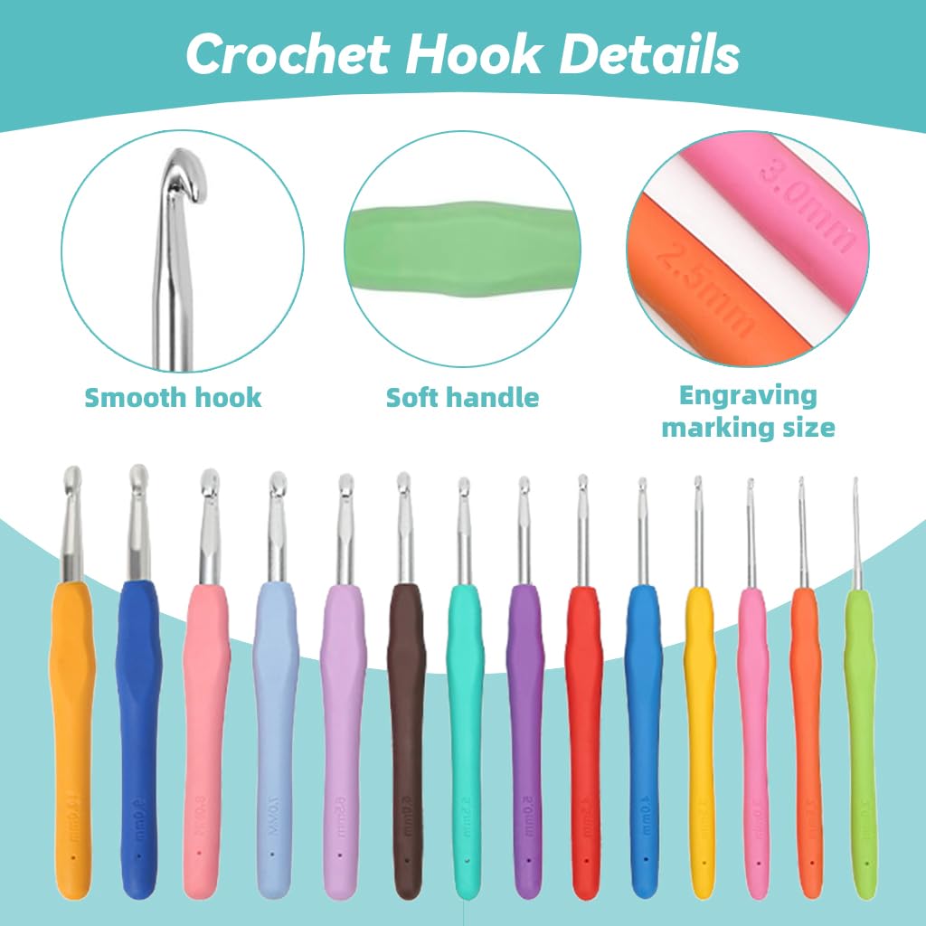 HASTHIP® Crochet Hook Set 14 Sizes Crochet Hook Set with Carry Bag, Needles, Color Stitch Markers, Measure Tape Beginners Crochet Hook Set for Crochet Art, DIY Crafting