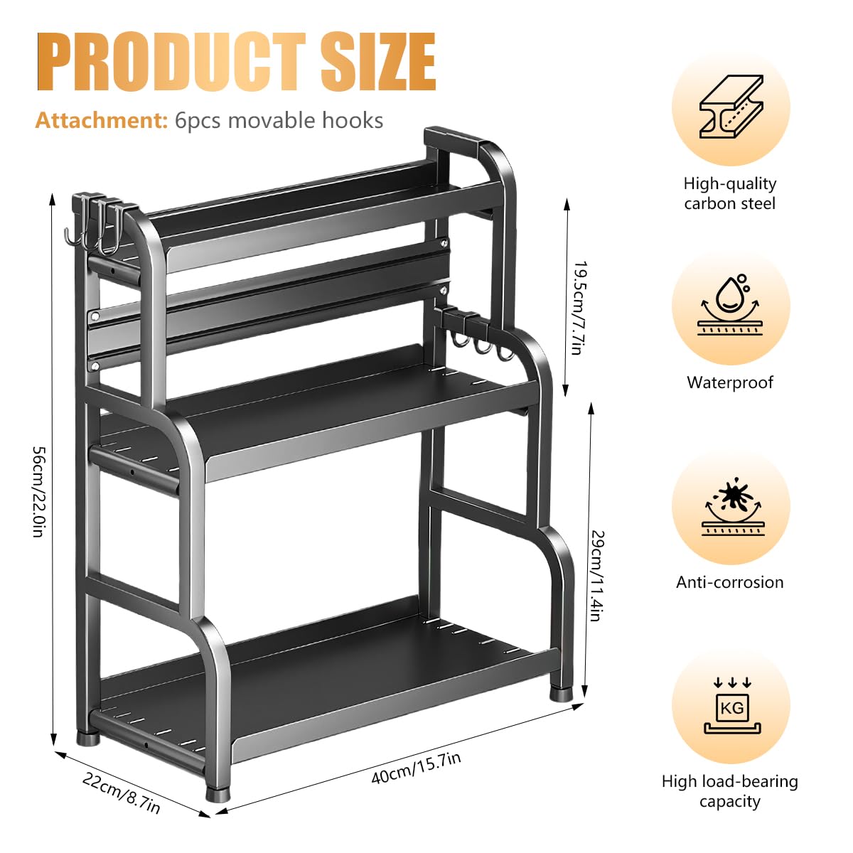 HASTHIP Kitchen Condiments Organizer Rack with Hooks and 47x22x56cm Triple Layer Carbon Steel Shelf | Space Saving Counter Storage
