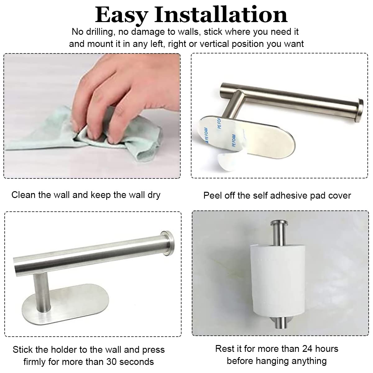 HASTHIP Toilet Paper Holder for Bathroom and Kitchen with Self Adhesive 16 x 4.5 x 8.2 cm 304 Stainless Steel | Rustproof Chrome Finish 3 pcs