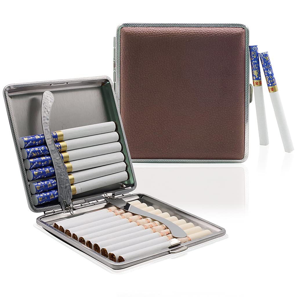 GUSTAVE® Cigarette Case King Size for Men Women Holds 20 Cigarettes Case Box Holder Brown Leather Vintage Hard Metal Full Pack, Gifts for Men