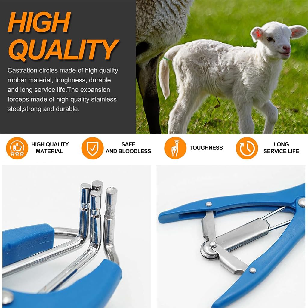 HASTHIP Livestock Castration Bander with 100 Castrator Rings featuring Metal Frame & Plastic Handles for Lambs and Piglets | 21.5cm Tail Docking Tool