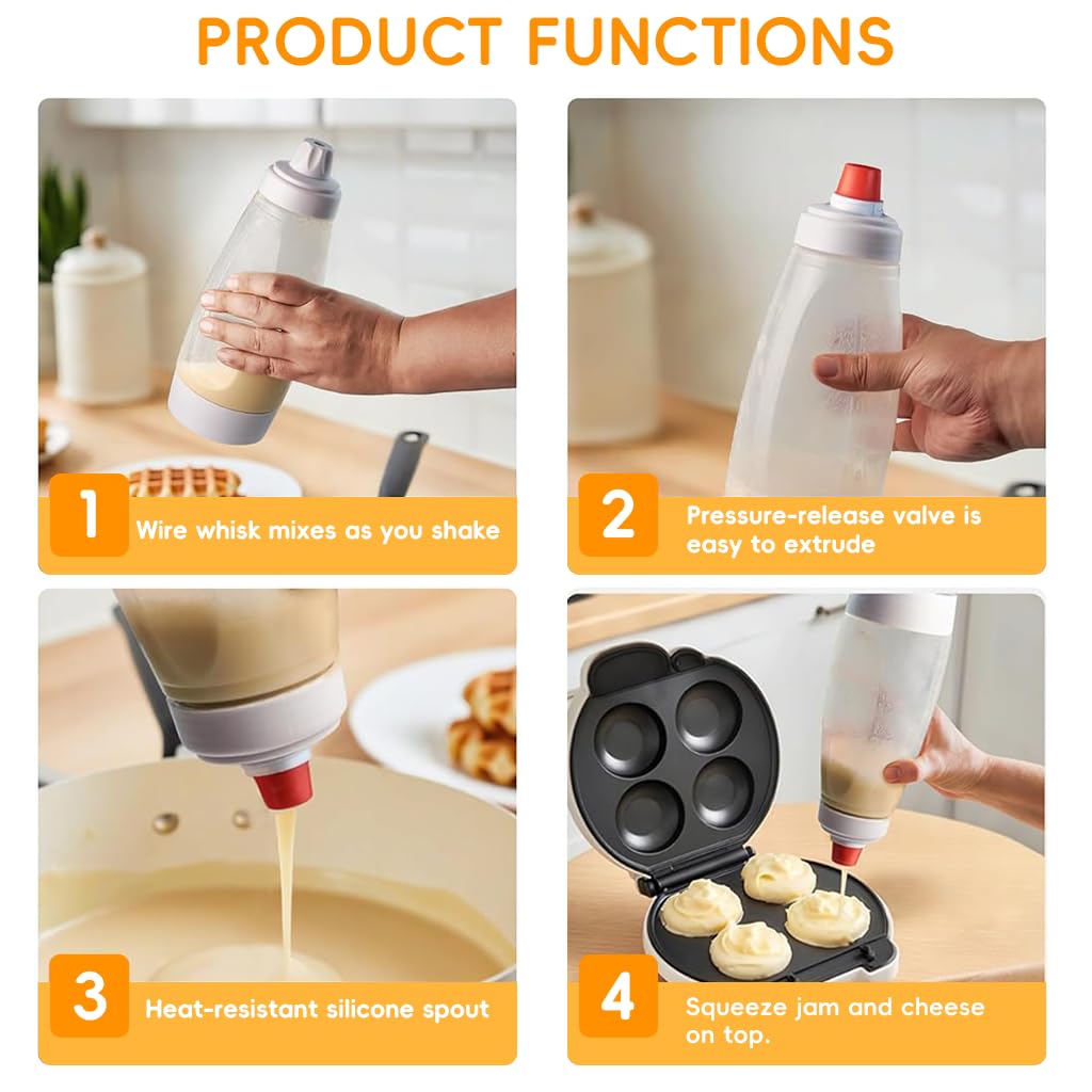HASTHIP Pancake Batter Dispenser for Cupcakes and Muffins with Stainless Steel Blender Ball | Food Grade Reusable Mixer Bottle Featuring Integrated Scraper