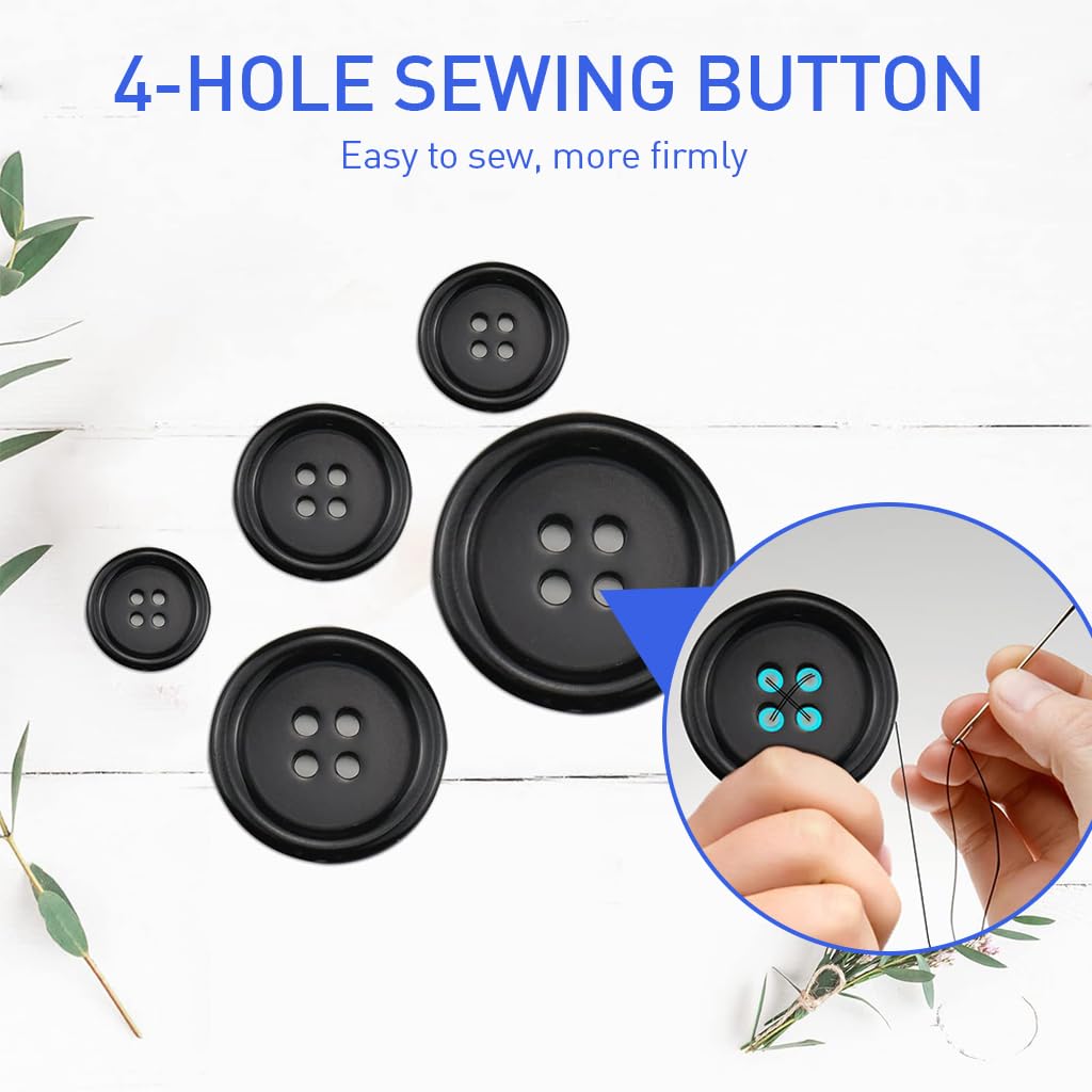 HASTHIP® 100Pcs Sewing Buttons for Clothes, Resin Shirt Buttons Round Craft Buttons, Black & White 5 Sizes 4 Hole Clothing Buttons for Sewing, DIY and Holiday Decoration
