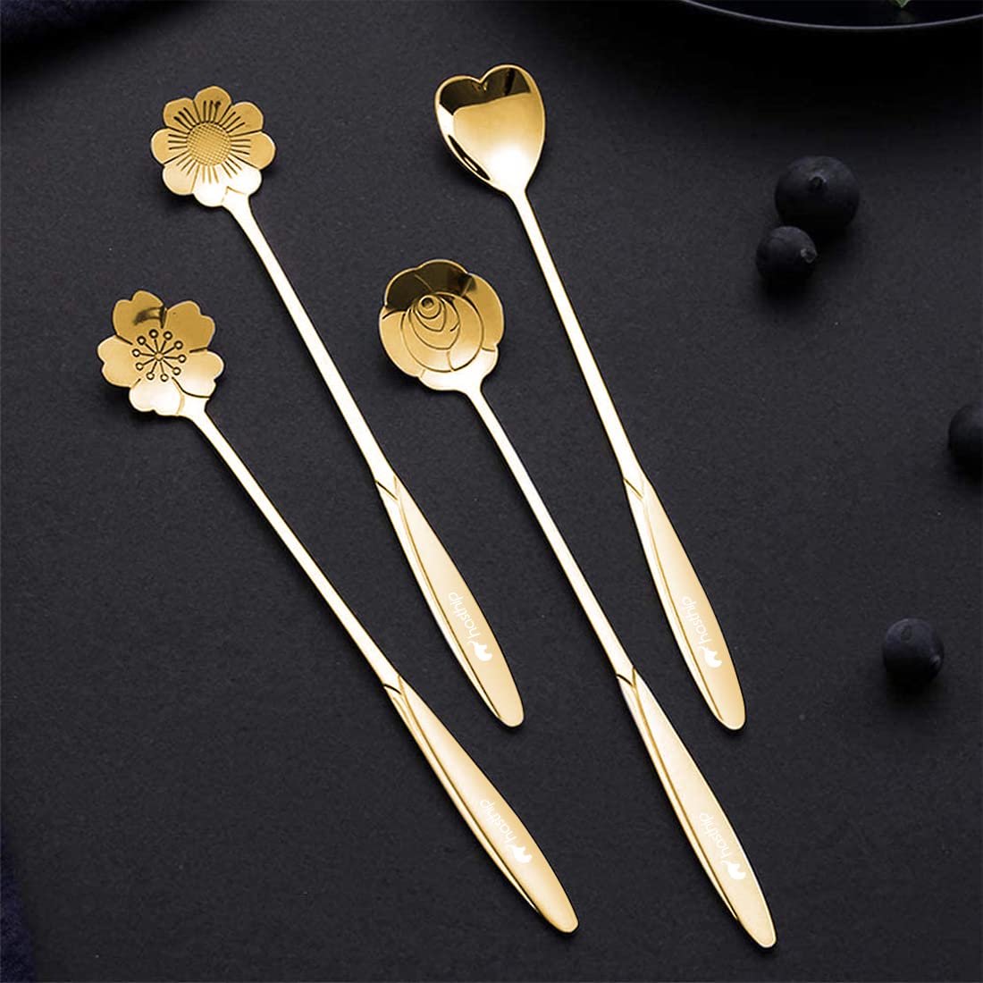 HASTHIP Stainless Steel Coffee Spoon for Desserts and Beverages with 18cm Long Handle | Gold Flower Design Pack of 2