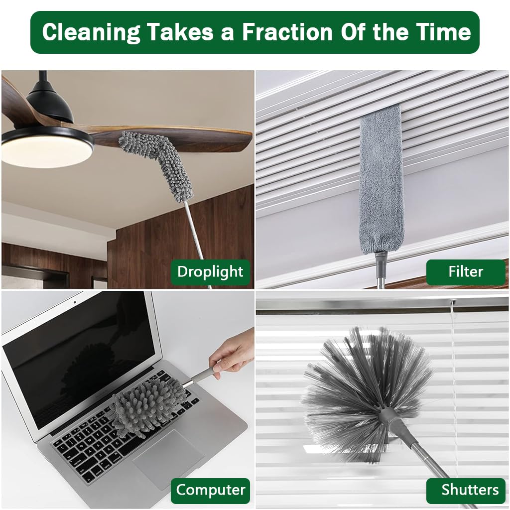 HASTHIP Microfiber Feather Duster for Ceiling Fans and High Ceilings with 100 in Extension Pole | 6 PCS Washable Bendable Cleaning Set