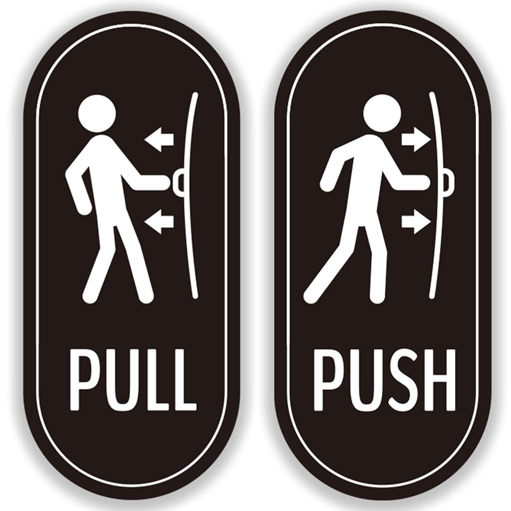 HASTHIP® Designer Push Pull Door Sign Sticker, Self-Adhesive Vinyl Decal for Glass, Business, Shops, Stores, Cafes, Offices, Weatherproof, Durable, Black/White, Vertical, Easy Install