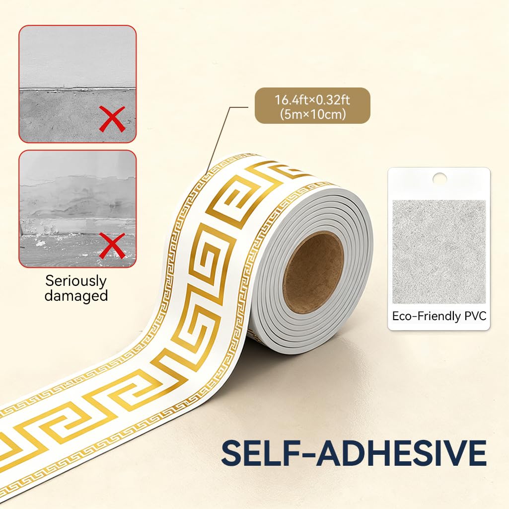 HASTHIP Skirting Line Stickers 16.4ft for Wall Corners with Waterproof PVC & Greek Key Pattern Trim