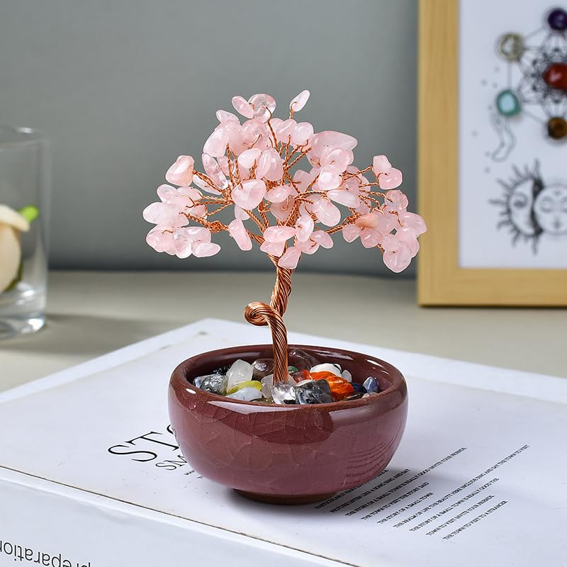 HASTHIP Crystal Tree Feng Shui for Desk Decor with Ceramic Basin and Pink Quartz 7x10cm | Good Luck Gift