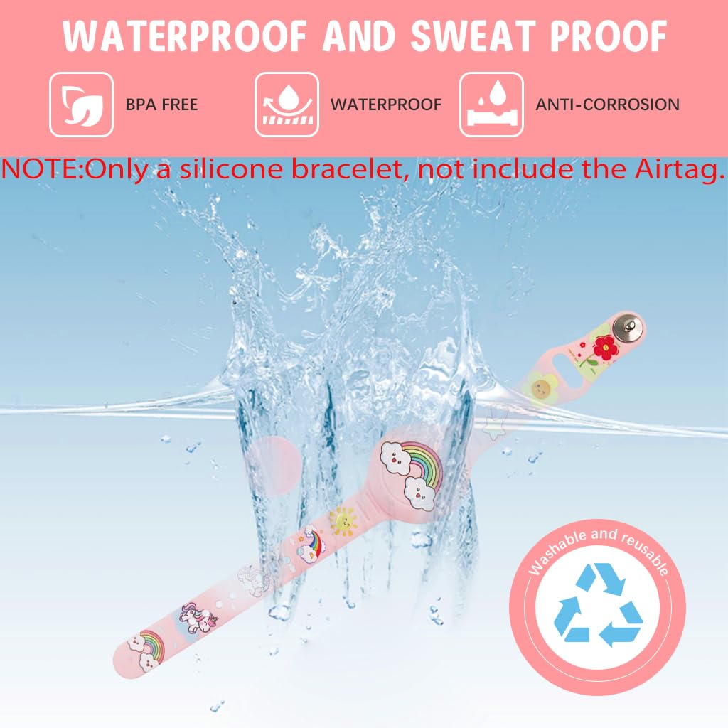 HASTHIP® Kids AirTag Bracelet Cartoon Rainbow Silicone Bracelet for AirTag Anti-lost Waterproof Full Cover Protection Silicone Cover for 9 Inches Adjustable Wrist Band