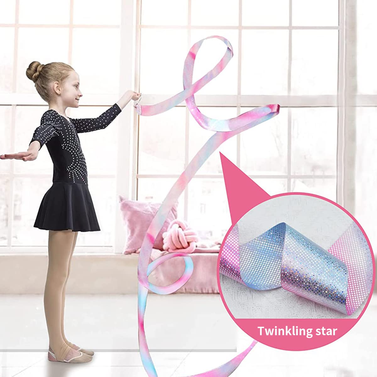 HASTHIP Sports Ribbons with Sticks for Rhythmic Gymnastics featuring 2 m Streamers | Polyester Glitter Pink Design for Kids Dance