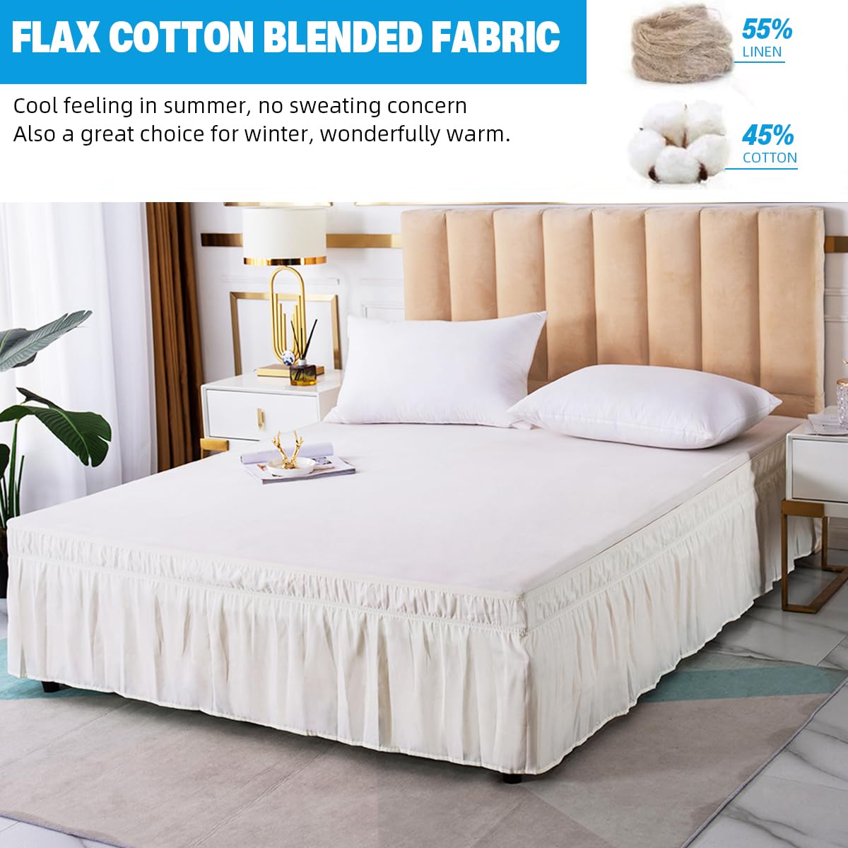 HASTHIP Pleated Bed Skirt for Double Bed 15 inch Drop with Ruffled Edges | White Polyester Cotton Blend 75x54 in