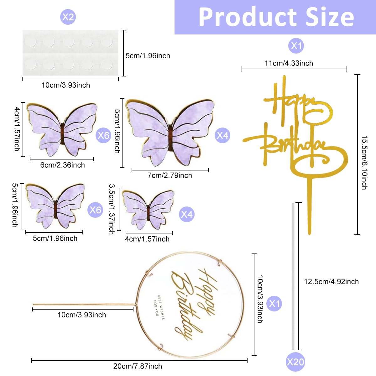 20pcs Butterflies for Cake, Cute Butterfly Cake Decorations Items Happy Birthday Cake Topper for Cake Decoration with 1 Acrylic & 1 Iron Circle Happy Birthday Topper