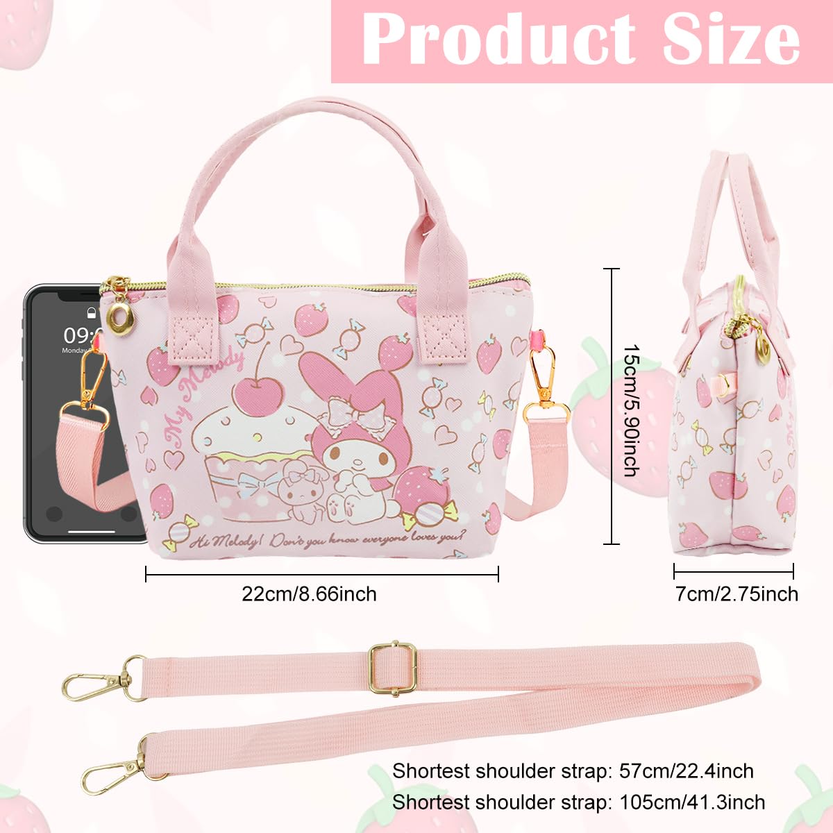 HASTHIP® Melody Hand Bag Kawaii Sanrio Small Tote Bag for Girls Pink Melody Shoulder Small PU Tote with Removable Shoulder Strap Crossbody Christmas Gift for Girls Birdthday Gift,16x7x22cm