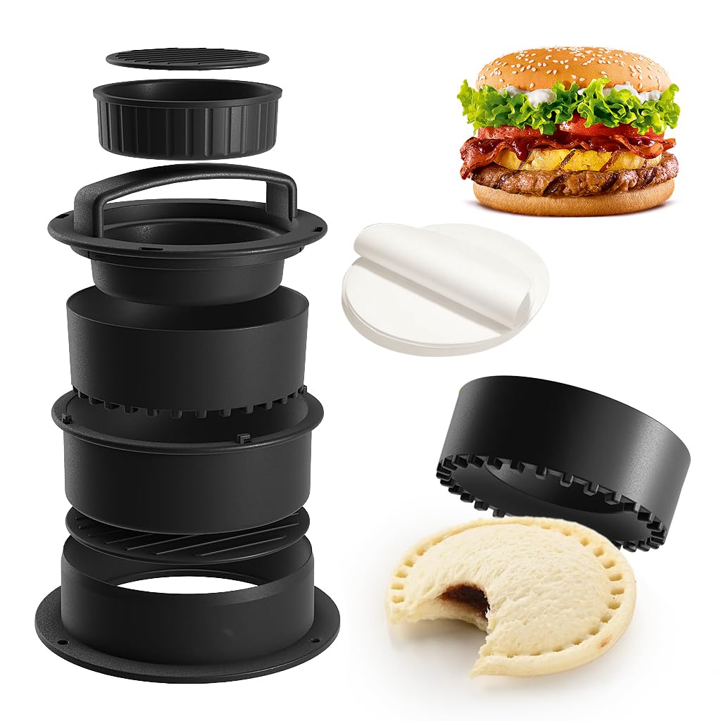 HASTHIP® 4 in 1 Stuffed Burger Press Sandwich Maker Sealer Patty Maker Ring Mold Press Multi Size Burger Patties Press Stackable Kitchen DIY Burger Patty Shaper with 100 Pcs Non-Stick Patty Papers