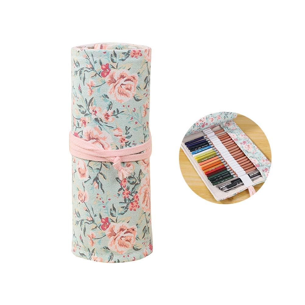HASTHIP Pencil Wrap Case for Sketching and Journaling with 72 Slots Canvas Design | Maple Leaves and Pink Floral Combo for Artists and Students