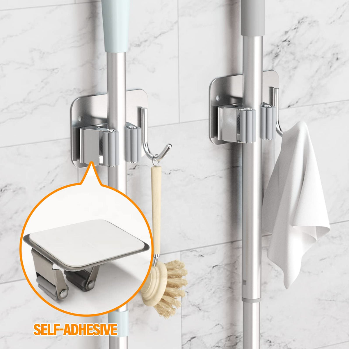 2 Pcs Mop Broom Holder Wall Mount, Adhesive Heavy Duty SUS304 Stainless Steel Mop and Broom Holder with Hook, for Mops up to 2.8 cm in Diameter (8 * 6.5 * 4 cm)