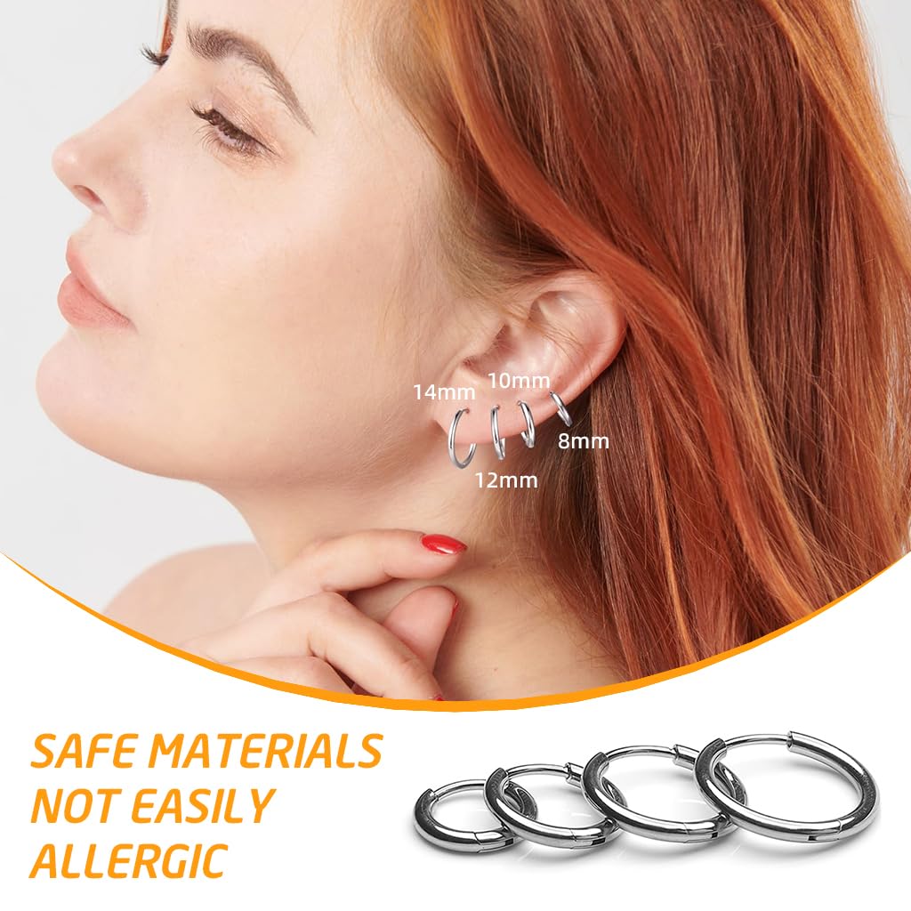 HASTHIP® Aretes de Aro de Acero Inoxidable para Mujer y Hombre,4 Pares Pendientes Pequeños 8mm 10mm 12mm 14mm,Hipoalergénicos Moda Clásica para Fiesta Diario y Regalo - Color Plata