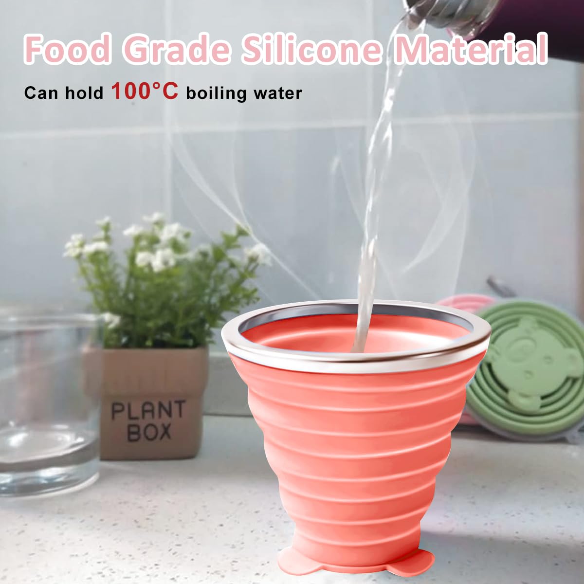 HASTHIP Collapsible Cup for Travel and Camping with Lids featuring 180 ml Silicone Design | Pink and Green 2 Pack