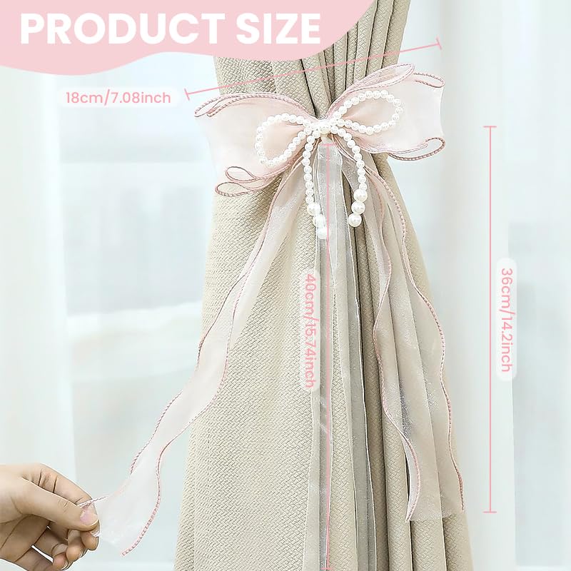 HASTHIP Curtain Tiebacks for Bedrooms with Pink Bows Pearls and Lace | 2 Pcs 31.5 in Set
