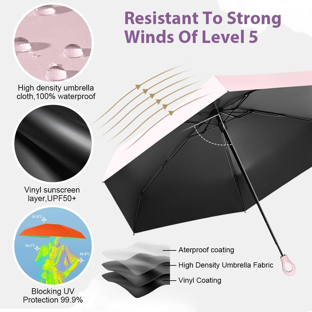 HASTHIP® Mini Sun Umbrella Automatic Open, UPF 50+ Automatic Open/Close Windproof Travel Folding Umbrella with 6 Strong Ribs Design, 99 UV Protection Fashion Outdoor Umbrella with Hanging Handle, Pink