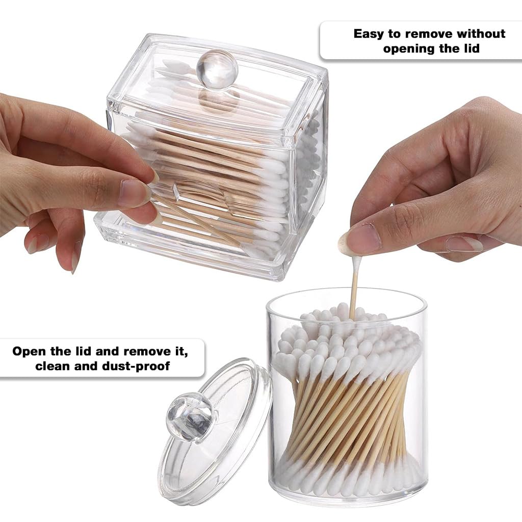 HASTHIP Makeup Cotton Storage Box for Vanity and Bathroom with Lids and Bottom Slot | 3Pcs Clear Acrylic Organizer Set