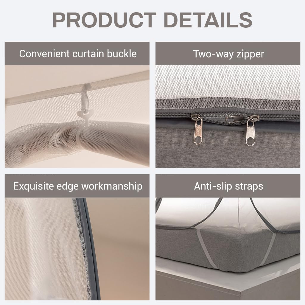 HASTHIP® Double Bed Mosquito Tent Net with Frame,Roofed Fine Mesh Canopy Mosquito Net,No Bottom Design Elastic Strap Fixation Zip-up Dual Door Pop-Up Bed for Bedroom 180x200x145cm