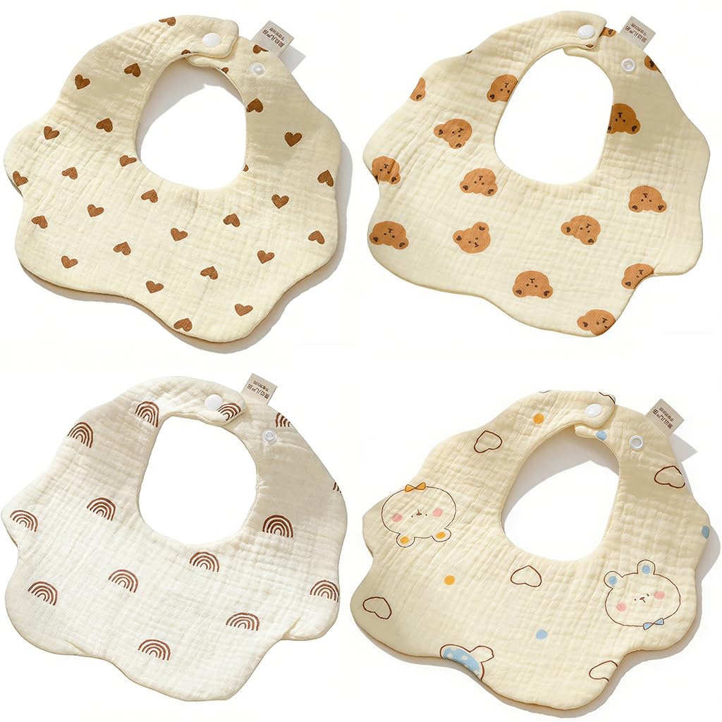 HASTHIP® Baberos de Muselina para Bebé 4 Piezas,Baberos Suaves y Absorbentes de Algodón Orgánico,Accesorios para Recién Nacido Bandanas Ajustables Niños y Niñas