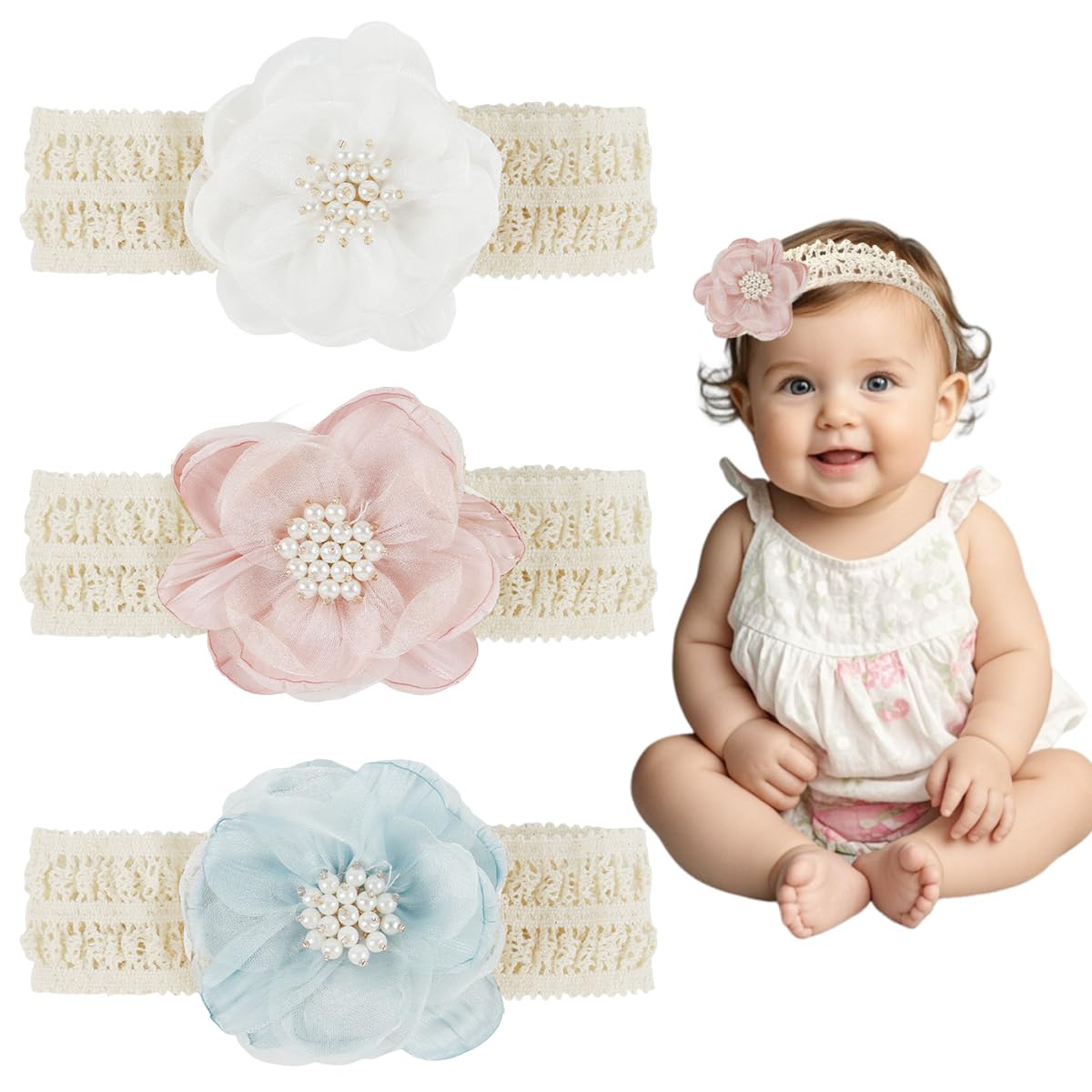 HASTHIP® 3 Piezas Diademas para Bebé Niña Recién Nacida 0-12 Meses, Bandas Elásticas con Lazos y Flores de Encaje, Accesorios Suaves para Fotos y Baby Shower