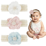 HASTHIP® 3 Piezas Diademas para Bebé Niña Recién Nacida 0-12 Meses, Bandas Elásticas con Lazos y Flores de Encaje, Accesorios Suaves para Fotos y Baby Shower