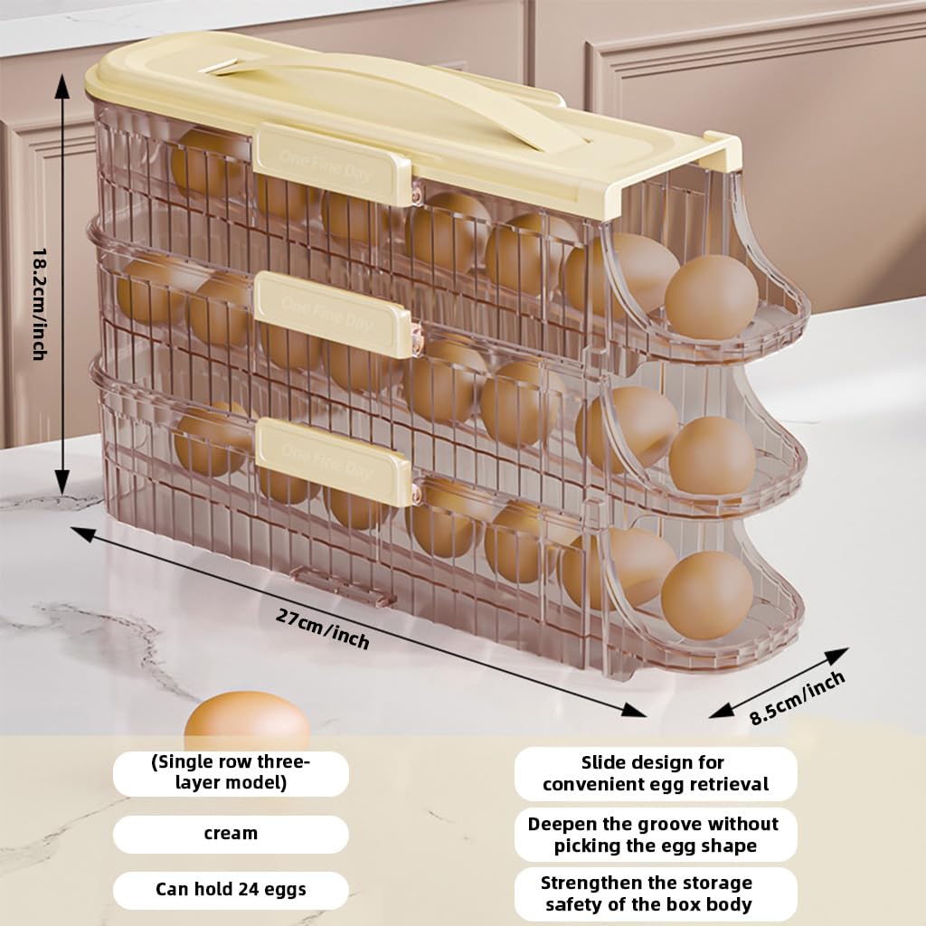 HASTHIP Egg Holder for Fridge with Automatic Rolling 3 Tiers and Removable Clear Tray