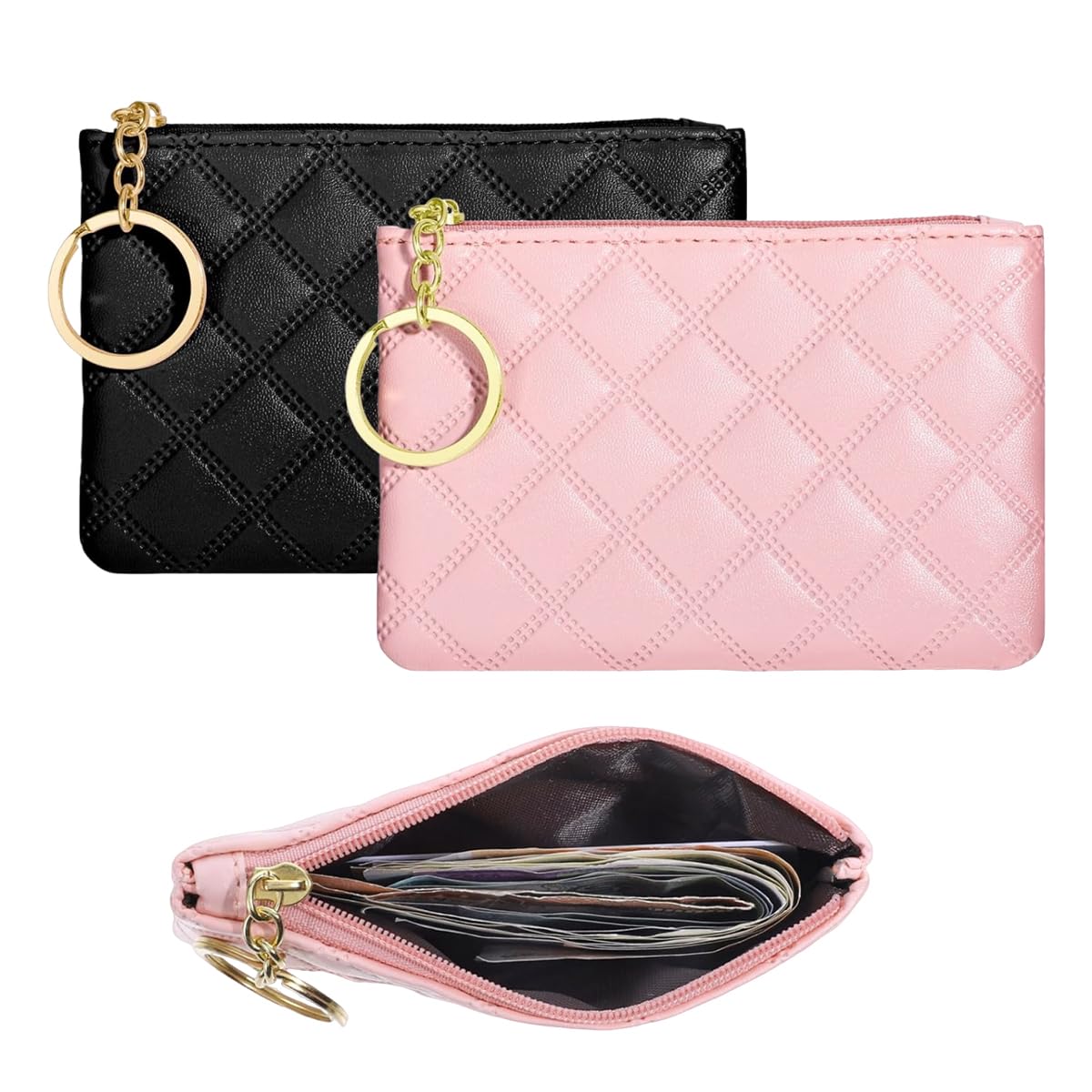 HASTHIP® Monedero Pequeño 2 Piezas de Cuero PU con Cremallera, Cartera Portátil para Monedas, Llavero, Diseño Vintage Rombo y Gran Capacidad para Mujeres y Hombres