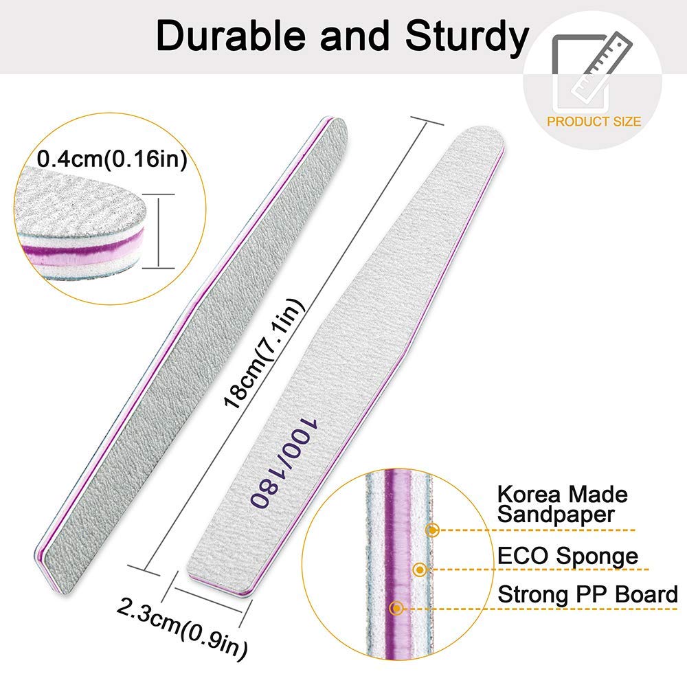 MAYCREATE® 10PCS Nail Files, Professional Nail Filer and Buffer, Curved Fingernail Files, 100/180 Grit with 240 Grit for Smooth Finishing, Sponge and PP Board for Home and Salon Use (Pink)