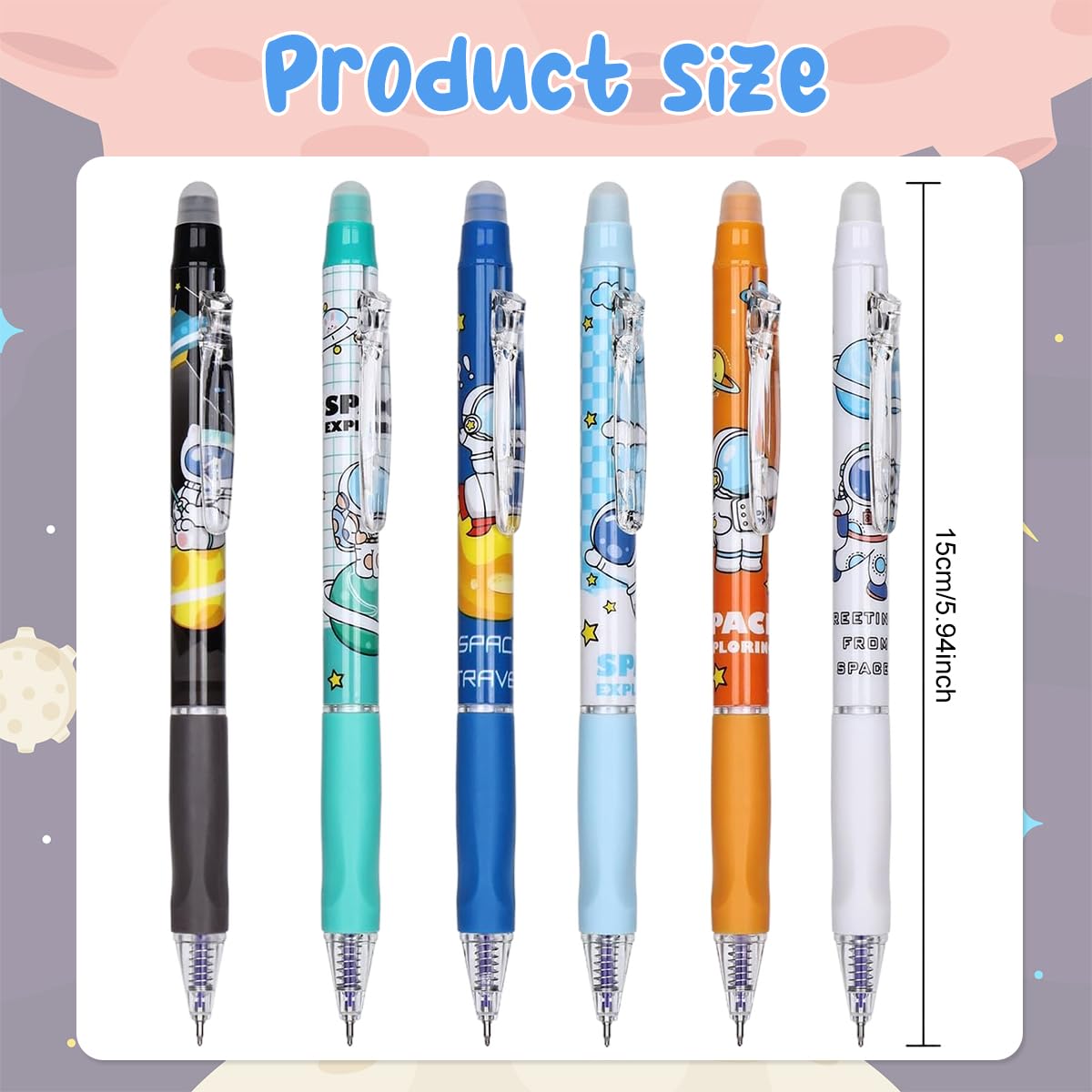 6Pcs Erasable Pens with Rubber Eraser Cap Earsable Clip Pen 0.5mm Thickness Thermo-sensitive Erasable Pens Child-friendly Rubberized Grip Cartoon Erasable Pens for Writing, Drawing, Sketching