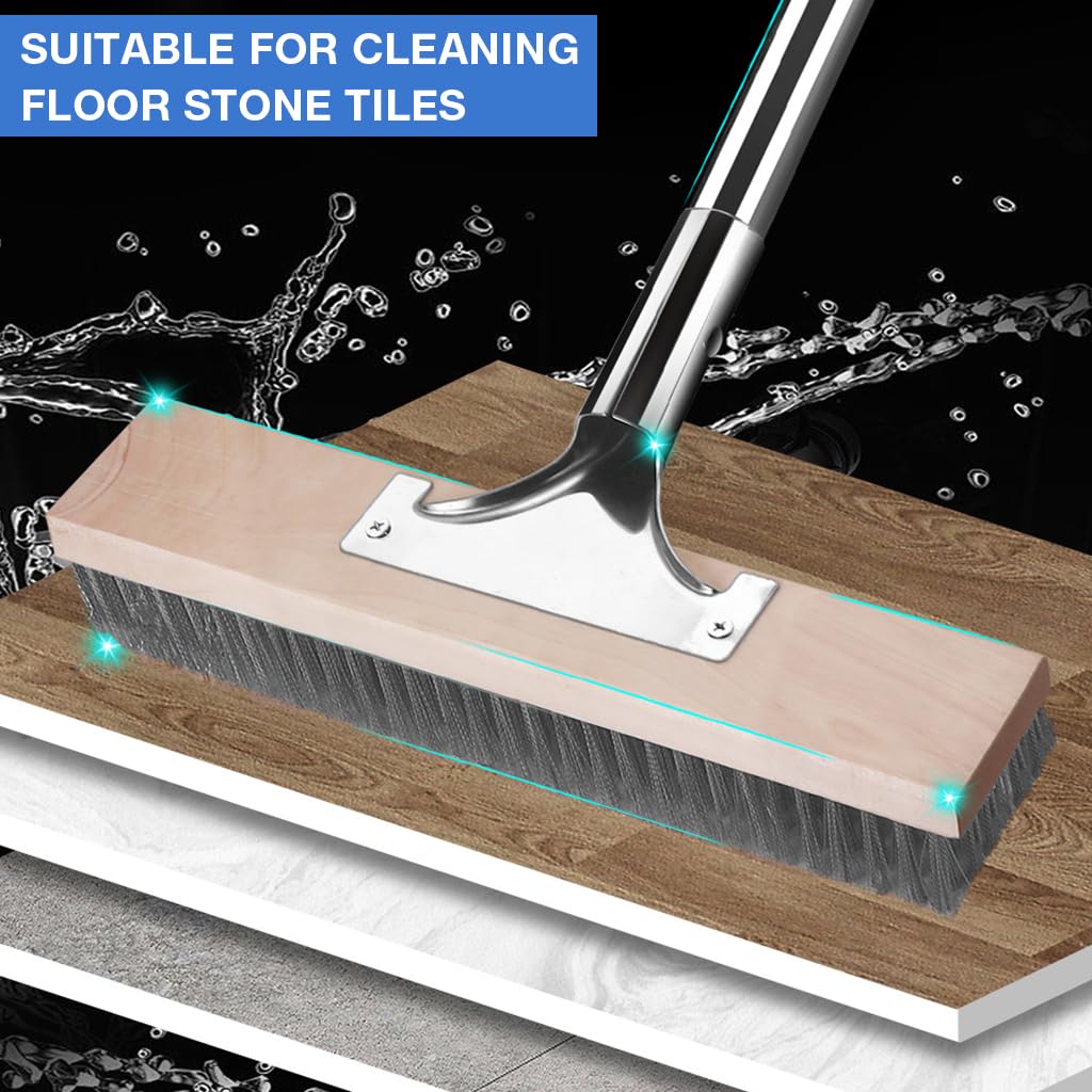 HASTHIP® Floor Scrubber Steel Wire Bristles Floor Scrubber, Outdoor Cleaning Brush with Stainless Steel Handle, Ideal for Deck, Patio, Concrete, and Garage Floors, 19.69 inch Wide 30 inch Long