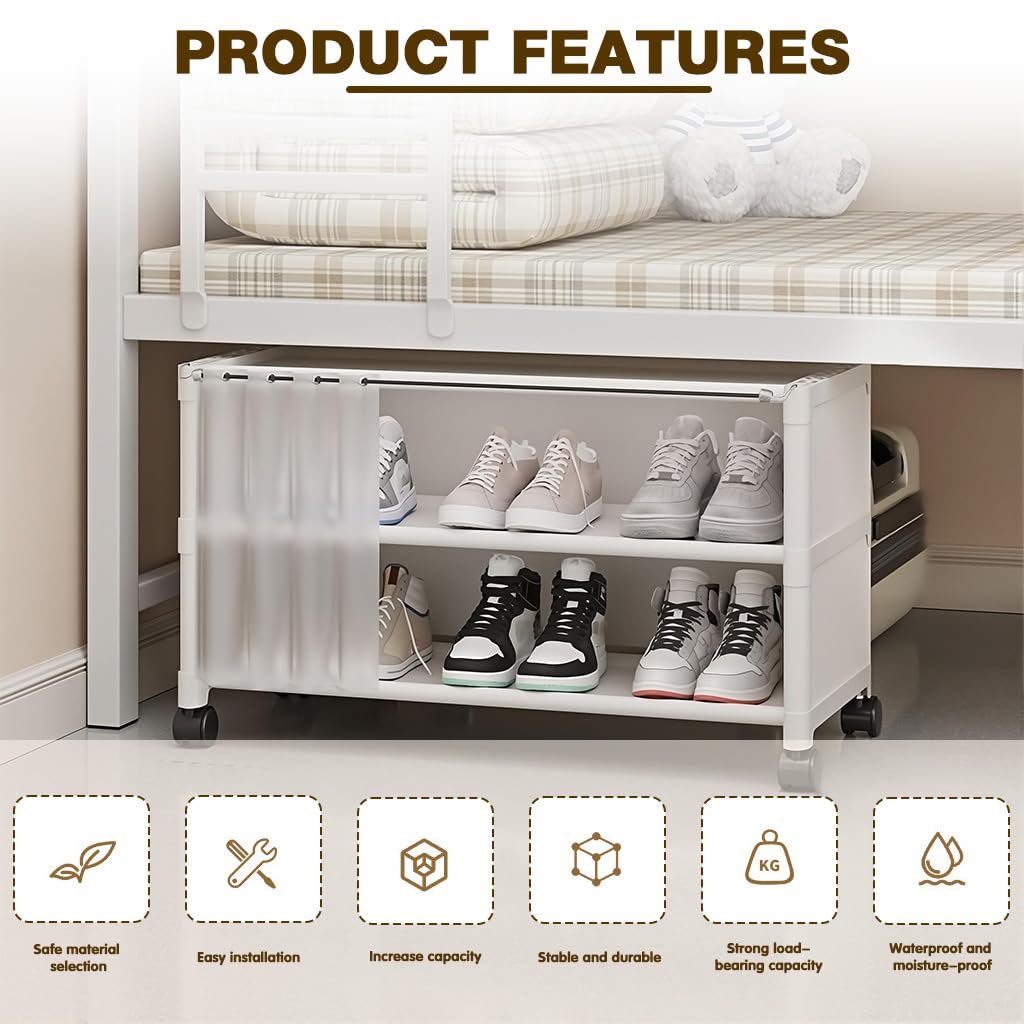 HASTHIP Portable Shoe Rack for Under Bed Storage with Wheels and Dustproof Curtain | 3 Tier Black
