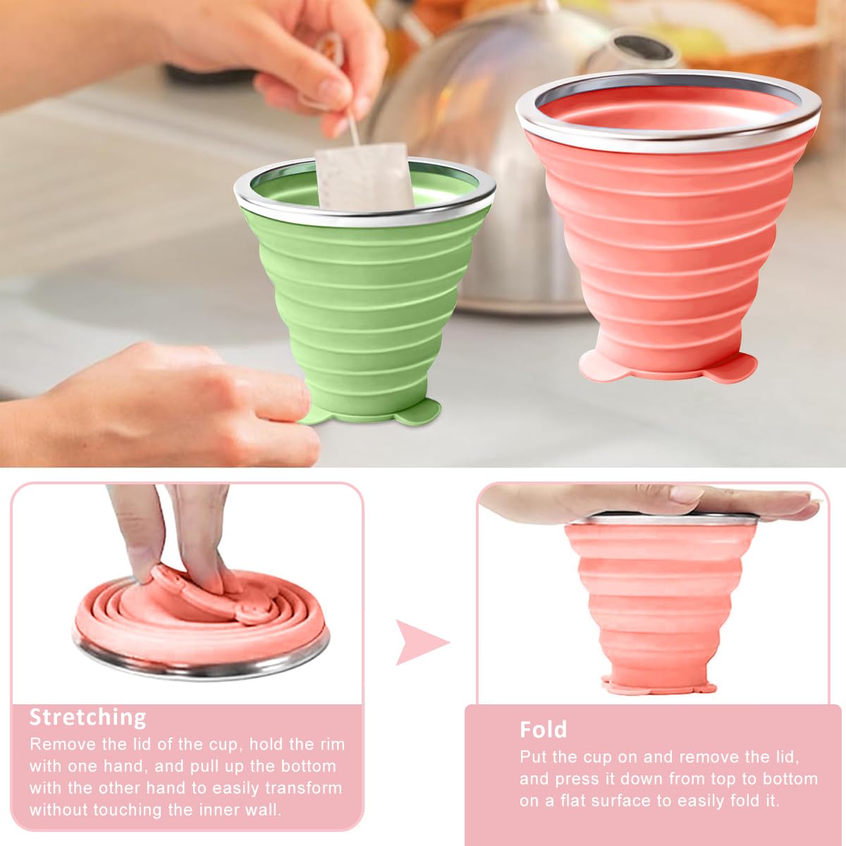 HASTHIP Collapsible Cup for Travel and Camping with Lids featuring 180 ml Silicone Design | Pink and Green 2 Pack
