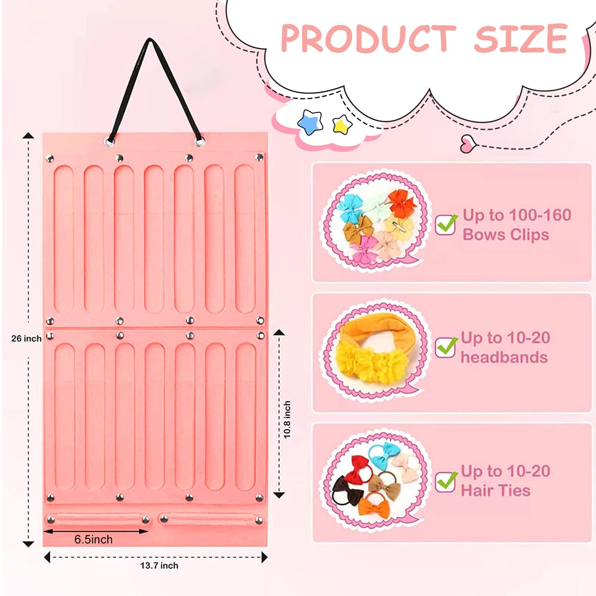 HASTHIP Hair Bows Holder for Girls featuring 16 Ribbons & 2 Carabiners | Soft Felt Wall Organizer
